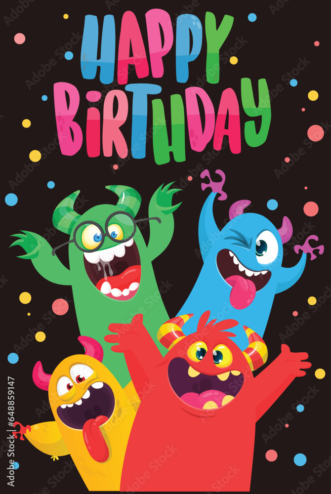 Сartoon monsters set. Birthday party invitation or poster design with different creatures celebrating. Vector illustration. Great for children holiday Сartoon monsters set. Birthday party invitation or poster design with different creatures celebrating. Vector illustration. Great for children holiday