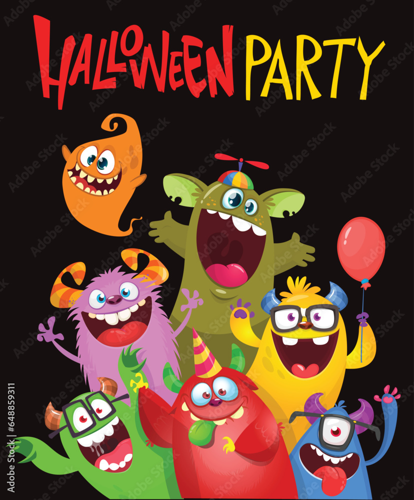 Obraz premium Сartoon monsters set. Halloween party invitation or poster design with different creatures celebrating. Vector illustration. Great for children holiday.