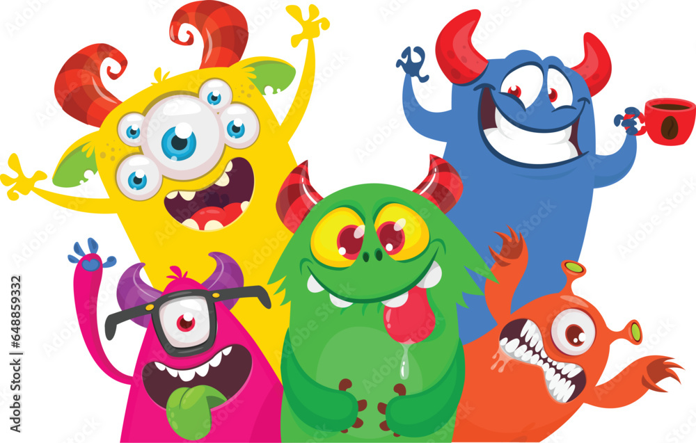 Naklejka premium Сartoon monsters set. Halloween party invitation or poster design with different creatures celebrating. Vector illustration. Great for children holiday.