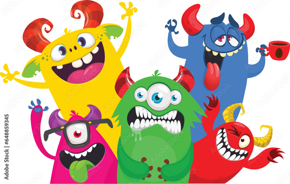 Сartoon monsters set. Halloween party invitation or poster design with different creatures celebrating. Vector illustration. Great for children holiday. Сartoon monsters set. Halloween party invitation or poster design with different creatures celebrating. Vector illustration. Great for children holiday.