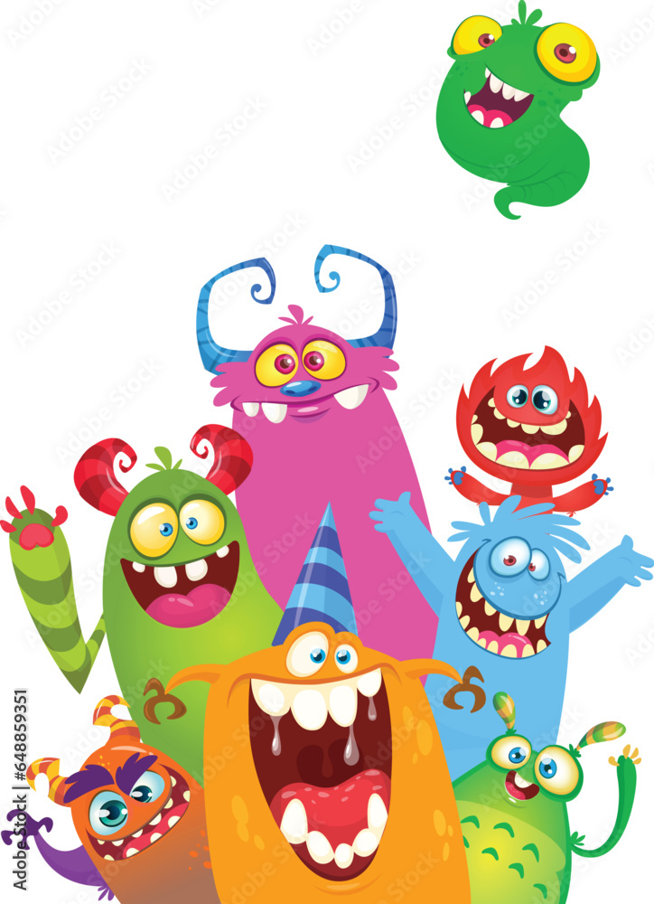 Fototapeta premium Сartoon monsters set. Halloween party invitation or poster design with different creatures celebrating. Vector illustration. Great for children holiday.