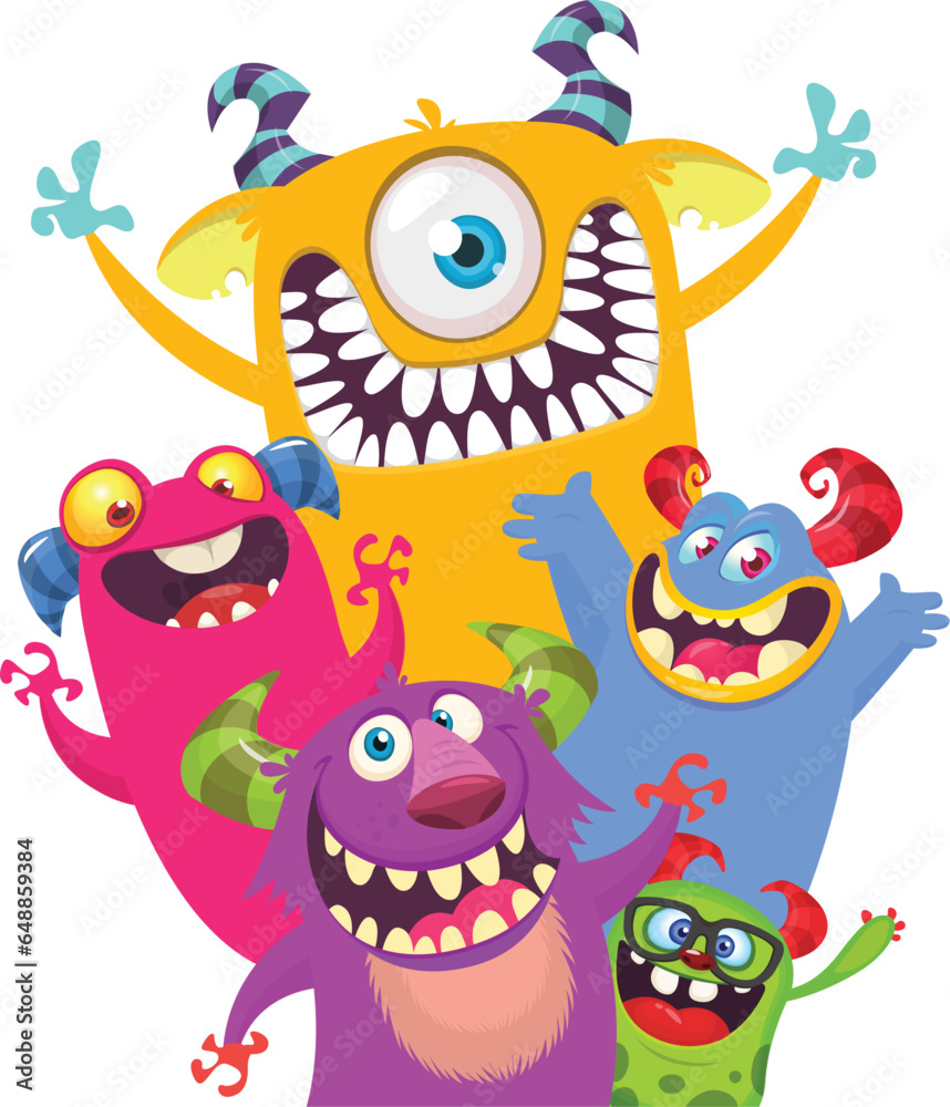 Fototapeta premium Сartoon monsters set. Halloween party invitation or poster design with different creatures celebrating. Vector illustration. Great for children holiday.