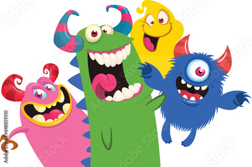 Сartoon monsters set. Halloween party invitation or poster design with different creatures celebrating. Vector illustration. Great for children holiday.