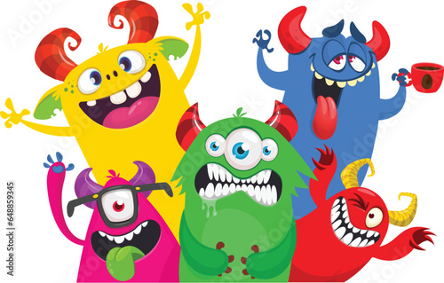 Сartoon monsters set. Halloween party invitation or poster design with different creatures celebrating. Vector illustration. Great for children holiday.