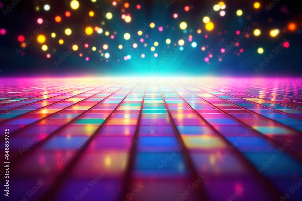 A vibrant disco dance floor with colorful lights in the background. Perfect for capturing the energetic atmosphere of a party or nightclub. Great for promotional materials or event invitations. - obrazy, fototapety, plakaty 