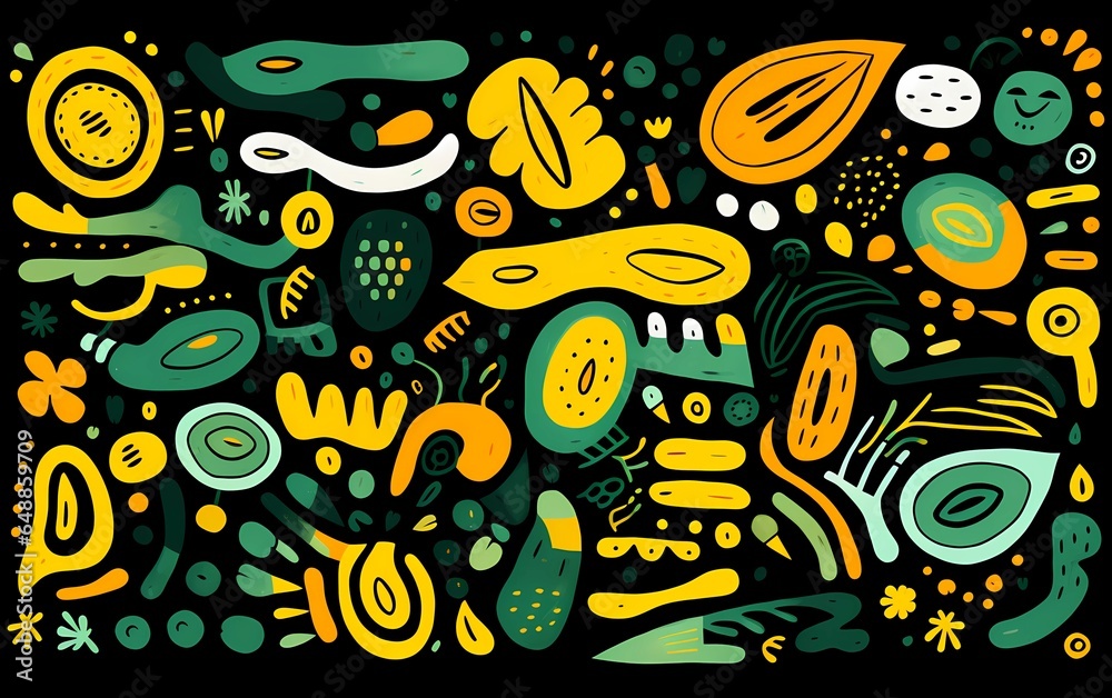 Colorful abstract art and patterns, in a unique doodle style, drak green and yellow Colorful abstract art and patterns, in a unique doodle style, drak green and yellow