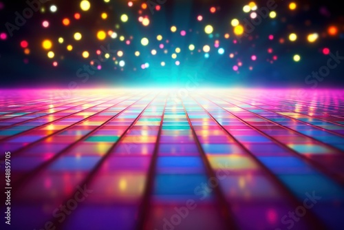 A vibrant disco dance floor with colorful lights in the background. Perfect for capturing the energetic atmosphere of a party or nightclub. Great for promotional materials or event invitations.