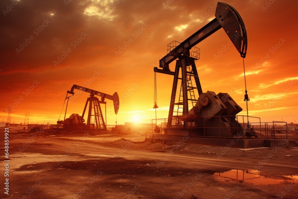 An oil pump in a field at sunset. This image captures the beauty of the setting sun as it illuminates an oil pump in a field. Perfect for illustrating the oil industry, energy production, or the beaut An oil pump in a field at sunset. This image captures the beauty of the setting sun as it illuminates an oil pump in a field. Perfect for illustrating the oil industry, energy production, or the beaut