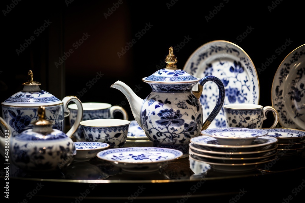 A table topped with beautiful blue and white china. Perfect for elegant dining or special occasions.