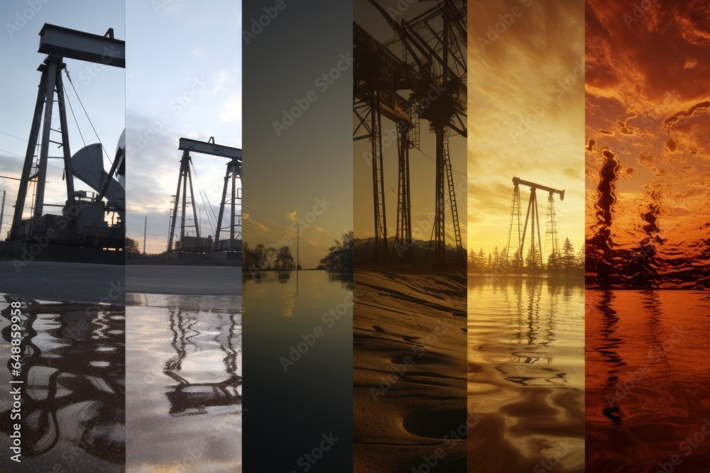 A collection of four images showcasing different oil pumps in action. Ideal for illustrating the process of oil extraction and production. Suitable for energy-related projects or educational materials