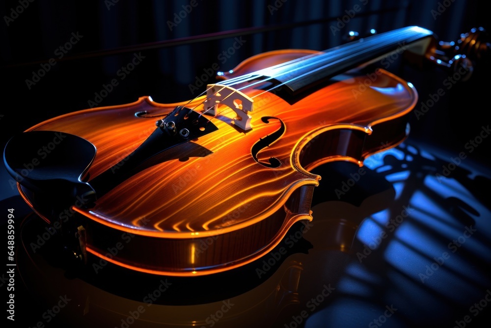 Fototapeta premium A violin is placed on top of a table. This image can be used to represent music, musical instruments, or a musician's workspace.