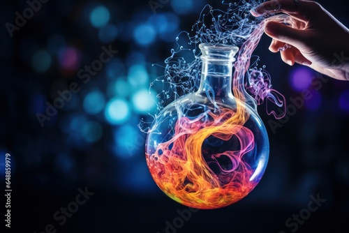 A hand is seen holding a glass flask with a mesmerizing fire burning inside. This image can be used to represent creativity, innovation, or the concept of harnessing the power within.