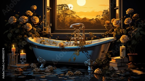 In a quirky and amusing vector graphic design, a skeleton indulges in a bath within a claw bathtub.  photo