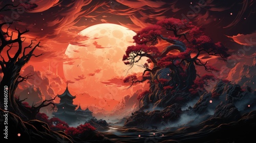 Fiery red dragon dominates a deep purple sky, pink moon its aura.