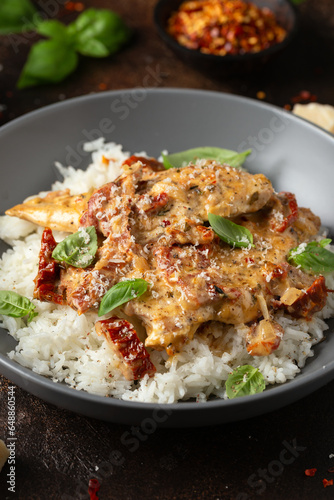 Marry Me Chicken. Creamy Garlic Sun Dried Tomato Chicken with rice. Healthy food