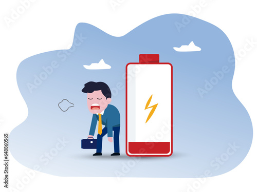 Exhausted and fatigue from hard work, stressed or anxiety from unhealthy work or depression and burnout, low energy or motivation concept, fatigue and tired businessman stand with low battery sign.