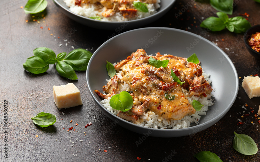Marry Me Chicken. Creamy Garlic Sun Dried Tomato Chicken with rice. Healthy food Marry Me Chicken. Creamy Garlic Sun Dried Tomato Chicken with rice. Healthy food