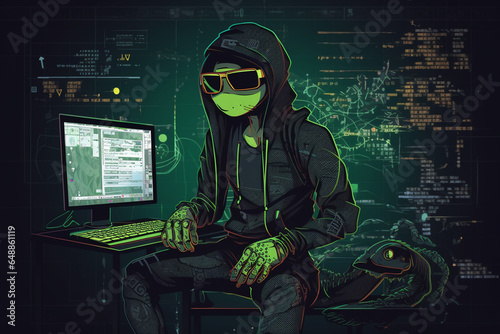 a anime-style image of a gecko with a hacker persona | Generative Ai