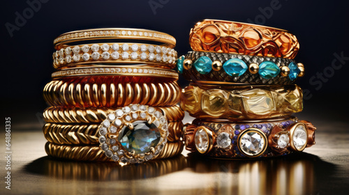 A collection of intricately designed, golden rings with embedded gemstones