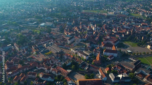 Aerial of the old town around the city hagenau in France on a sunny morning in late summer. photo