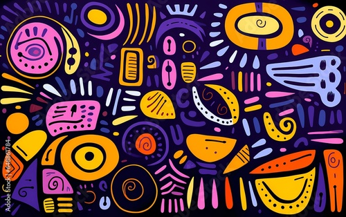 Colorful abstract art and patterns  in a unique doodle style  drak purple and yellow