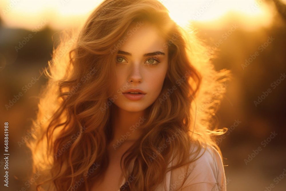 Golden hour, Portrait of a beautiful girl in the rays of the setting sun