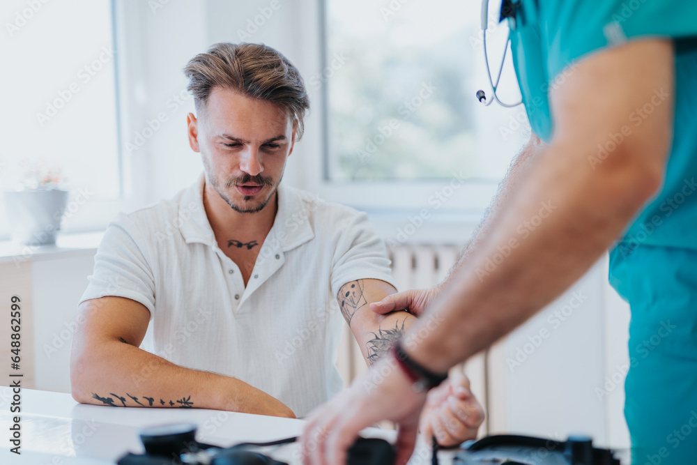 Obraz premium Experienced doctor checks patient's blood pressure, heart rate in office. Expert consultation for health problems.