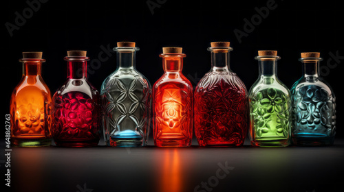 A collection of vintage glass bottles filled with colored liquids