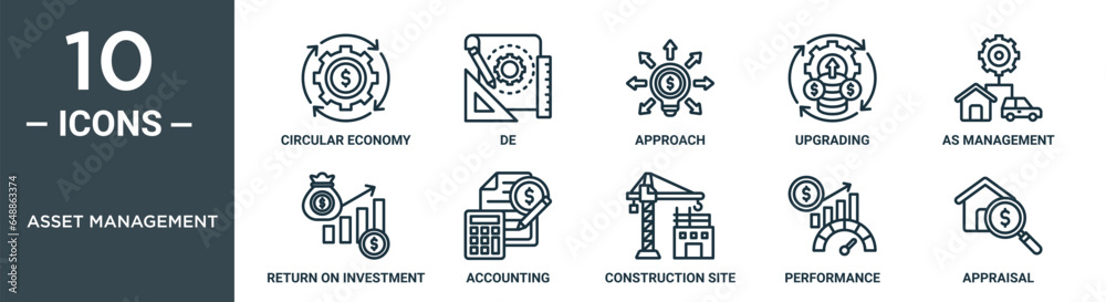Vetor de asset management outline icon set includes thin line circular ...