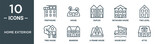 home exterior outline icon set includes thin line penthouse, house, duplex, detached house, two level, tree house, mansion icons for report, presentation, diagram, web design