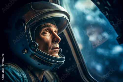 Generative AI illustration of Portrait of astronaut looking at planet Earth
