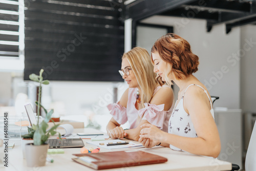 Two lovely women, young junior and middle-aged senior working together at modern office space.