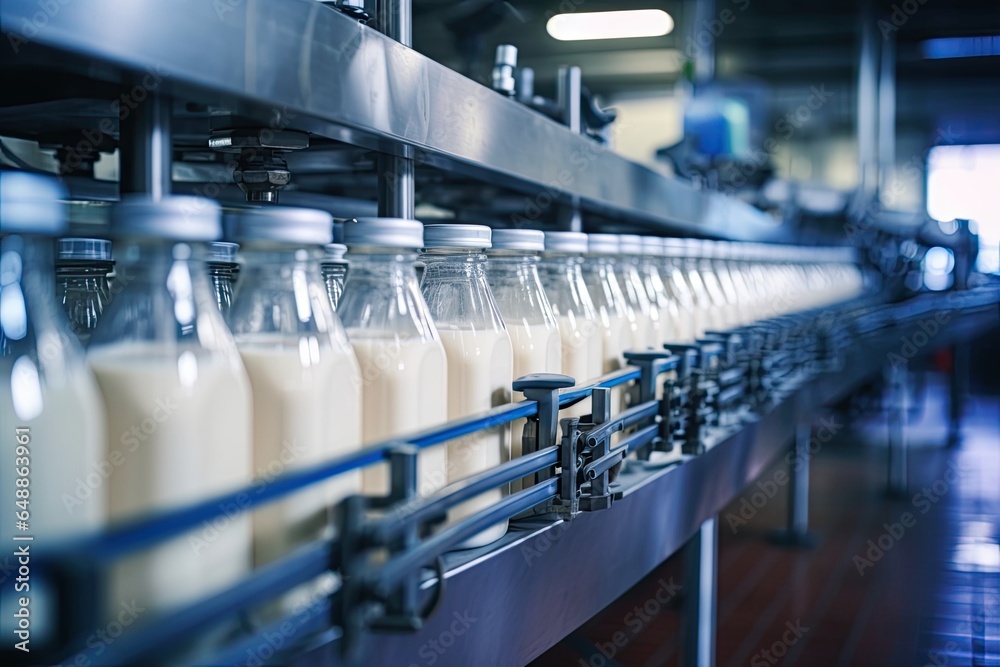 Obraz premium Close up Bottling milk production line factory, industry equipment dairy