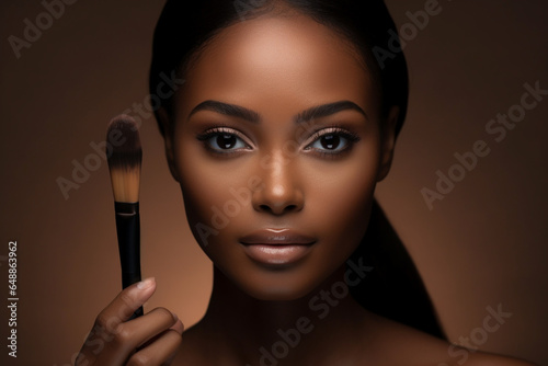 Face, makeup and brush with a woman black model applying foundation to her skin in studio for cosmetics, Portrait, wellness and luxury with an attractive young female using a cosmetic product