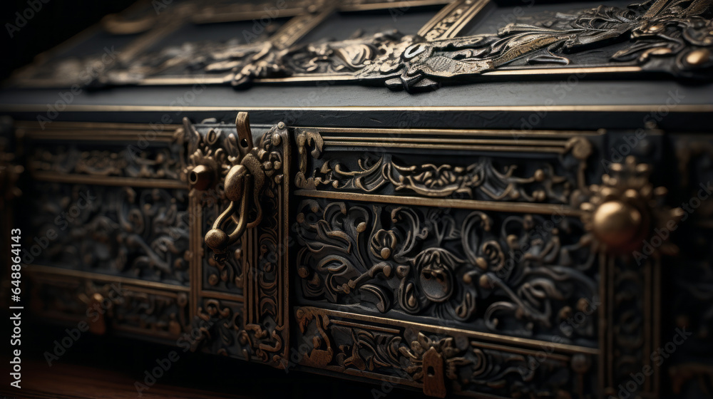 A concealed, hidden compartment within an intricately designed chest