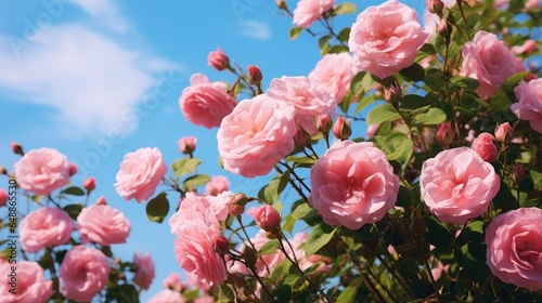 Beautiful wild pink rose flowers on a summer morning under a blue sky