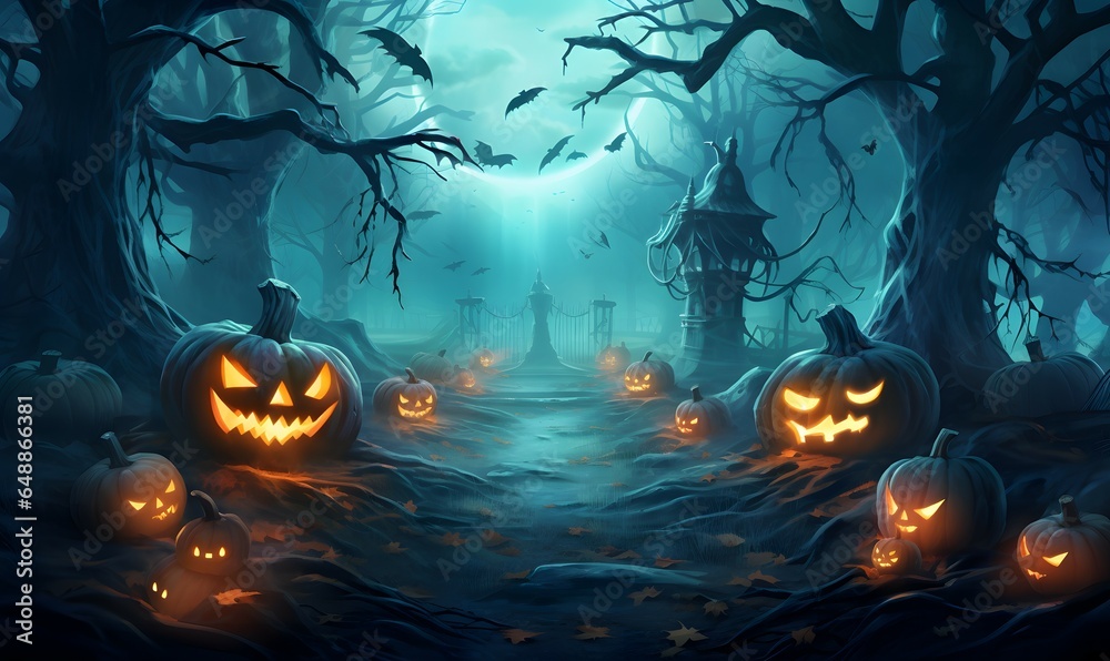 halloween graveyard background with jack-o-lanterns