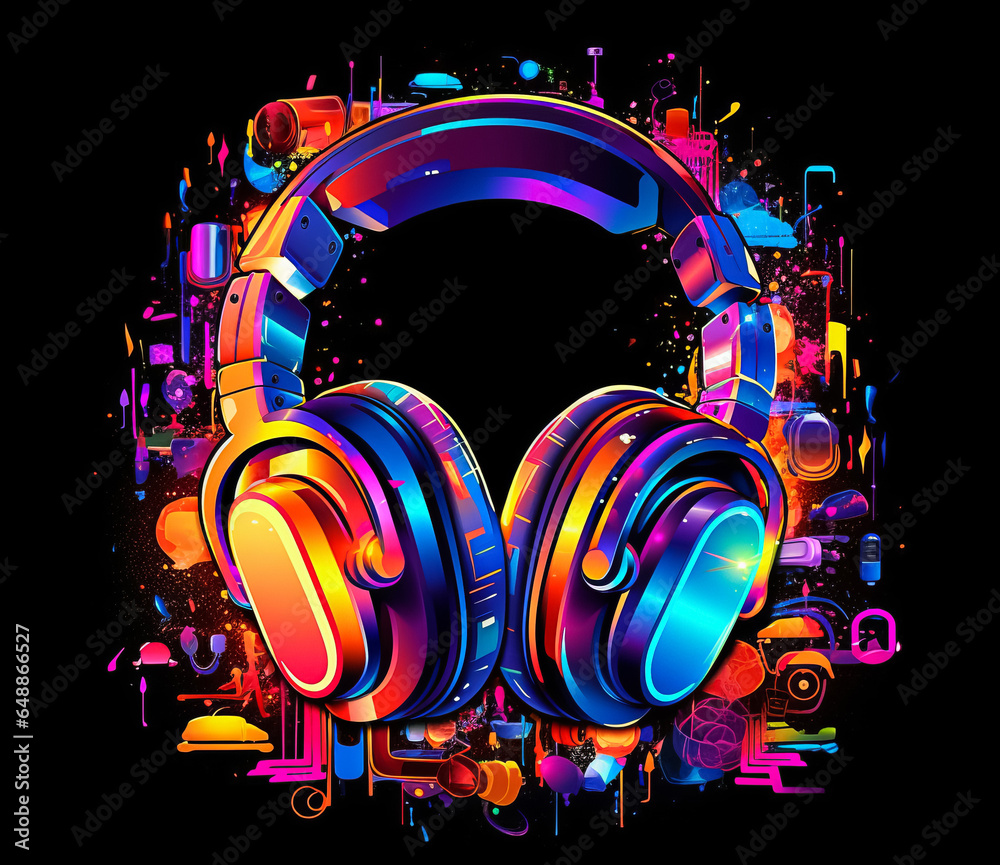 Neon glowing colorful headphones on a dark background. Generative AI.