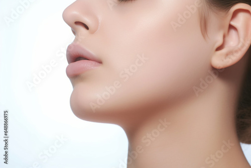 Cropped shot of a young caucasian woman's face with double chin isolated on a white background