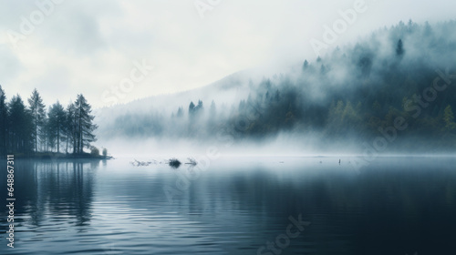 A dense fog rolling in over a tranquil lake © Textures & Patterns