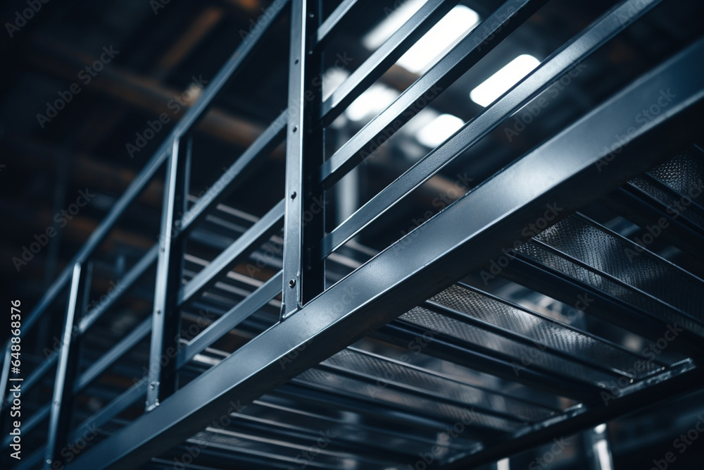 Close up view of a metal staircase in warehouse Close up view of a metal staircase in warehouse