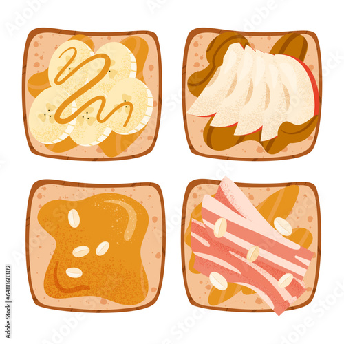 Open Peanut butter toasts with sliced apples, bananas, bacon. Sandwiches with oily topping on grilled square bread. Breakfast healthy protein food. Vector illustration isolated on white background