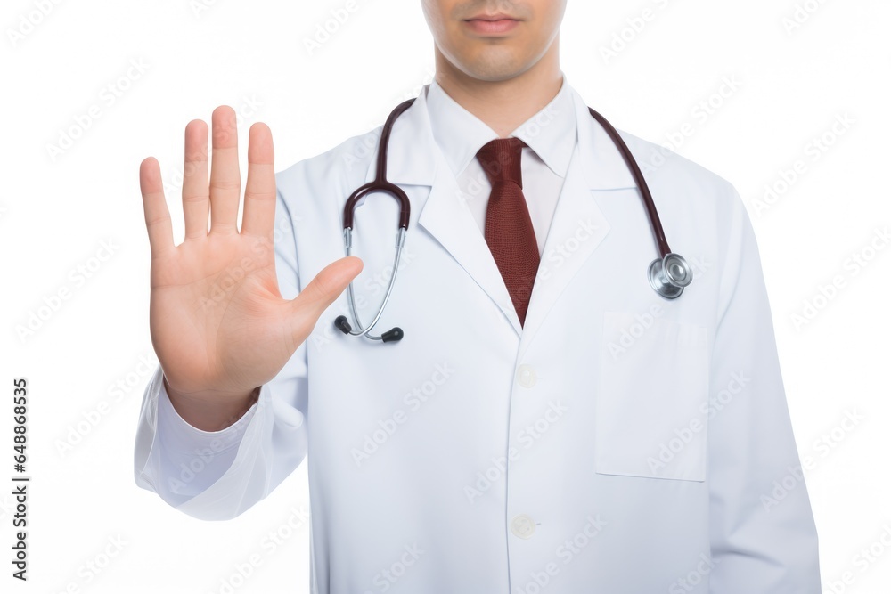 Doctor showing stop sign on white background Doctor showing stop sign on white background