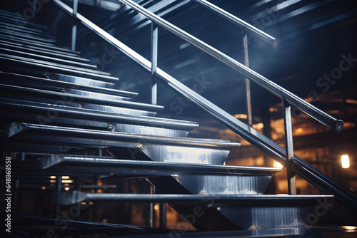 Close up view of a metal staircase in warehouse