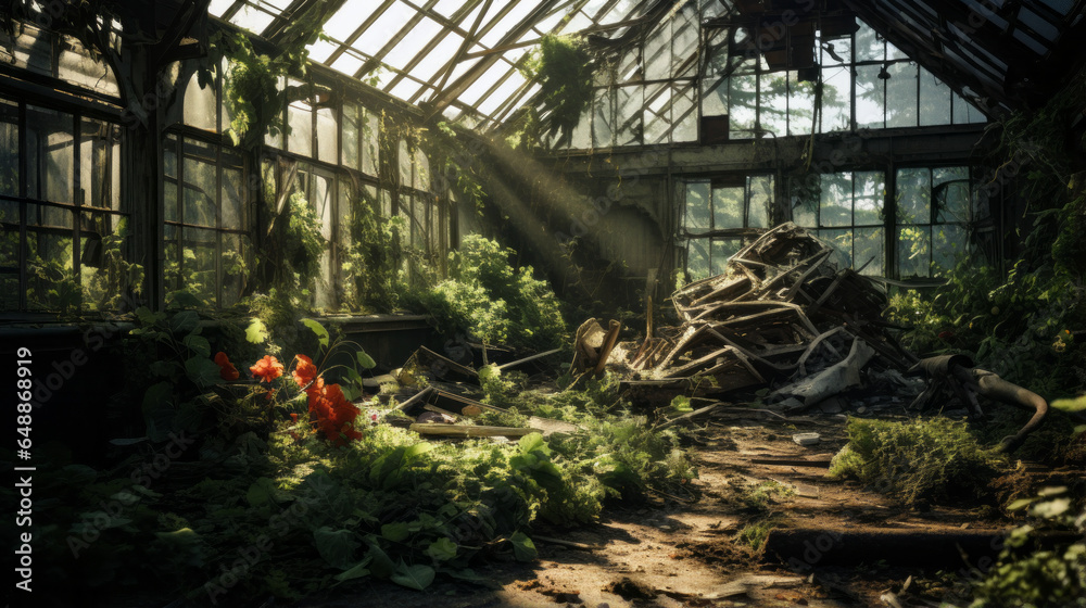 A dilapidated, overgrown greenhouse slowly being reclaimed by nature A dilapidated, overgrown greenhouse slowly being reclaimed by nature