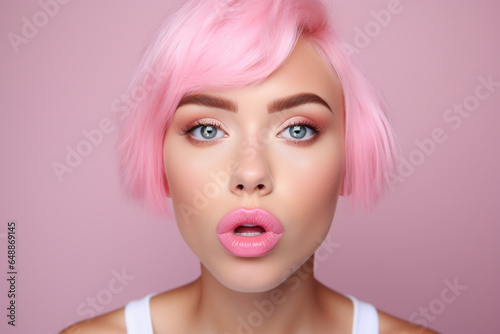 Close up portrait of beautiful young woman with pink hair looking aside, applying lip balm on her lips isolated over pink background
