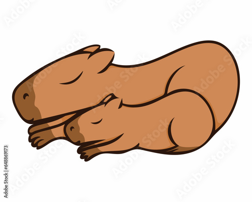 Vector illustration. Capybara sleeps with her baby. Image isolated on white background. Simple design element. For advertising brochures posters menu banners of various products