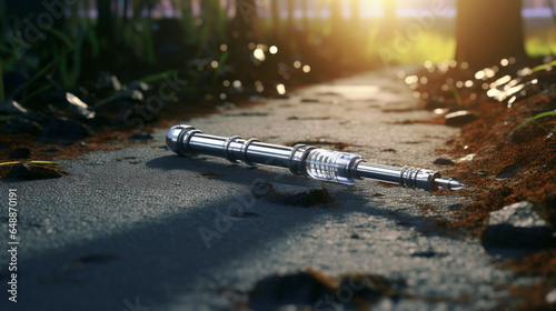 A discarded syringe on the ground, highlighting public health concerns photo