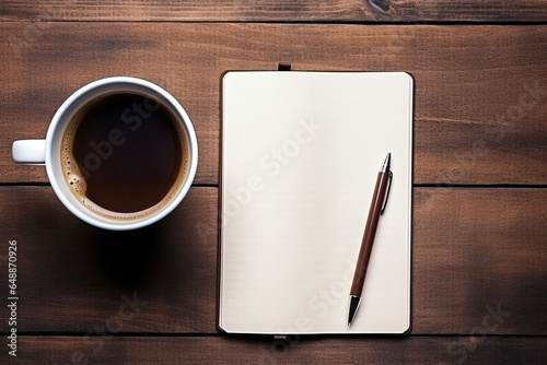 smartphone with notepad and coffee on the wooden table, top view