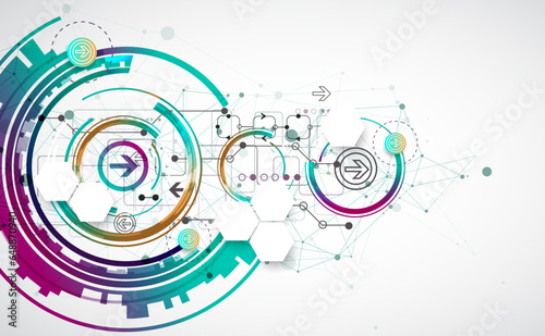 Abstract background with plexus effect. Scientific and technological concept with the use of technical elements formed in the shape of a circle.